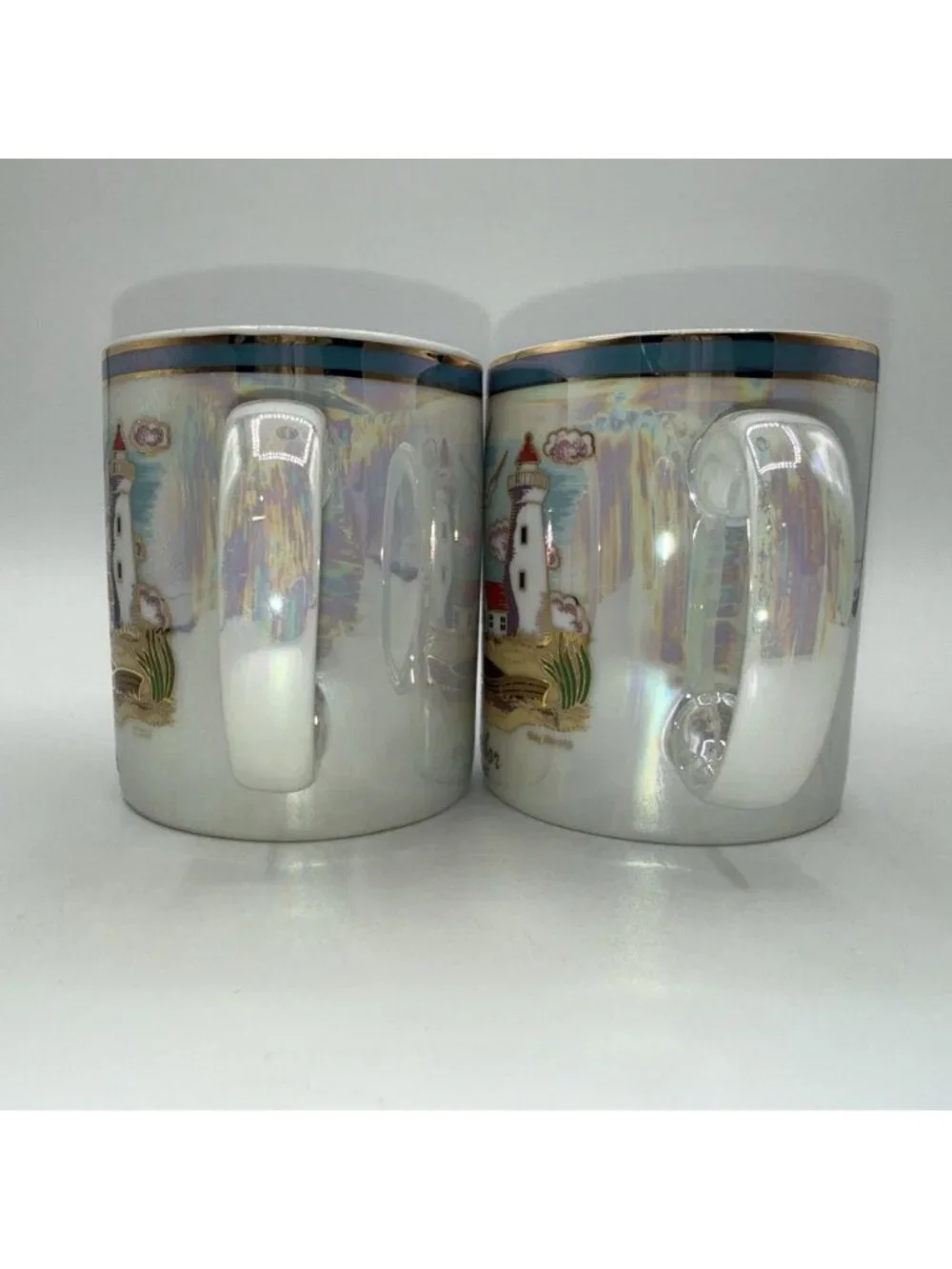 Bar Harbor Maine Souvenir Mug Pair Iridescent &Gold Trim Coffee Coastal Scene